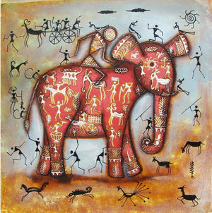 Riding Elephant Tribal Painting Pink by Pradeep Swain, Original Acrylic Animal Painting on Canvas, Small Square Wall Art