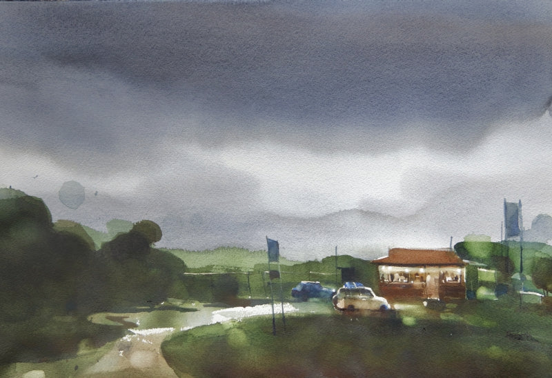 Right Weather For A Coffee Stop' landscape watercolor painting by artist Prashant Prabhu, 15x22 inch, on paper
