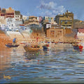 Religious acrylic painting titled 'Rippes On Ganga 1', 30x36 inches, by artist Bijay Biswaal on Canvas