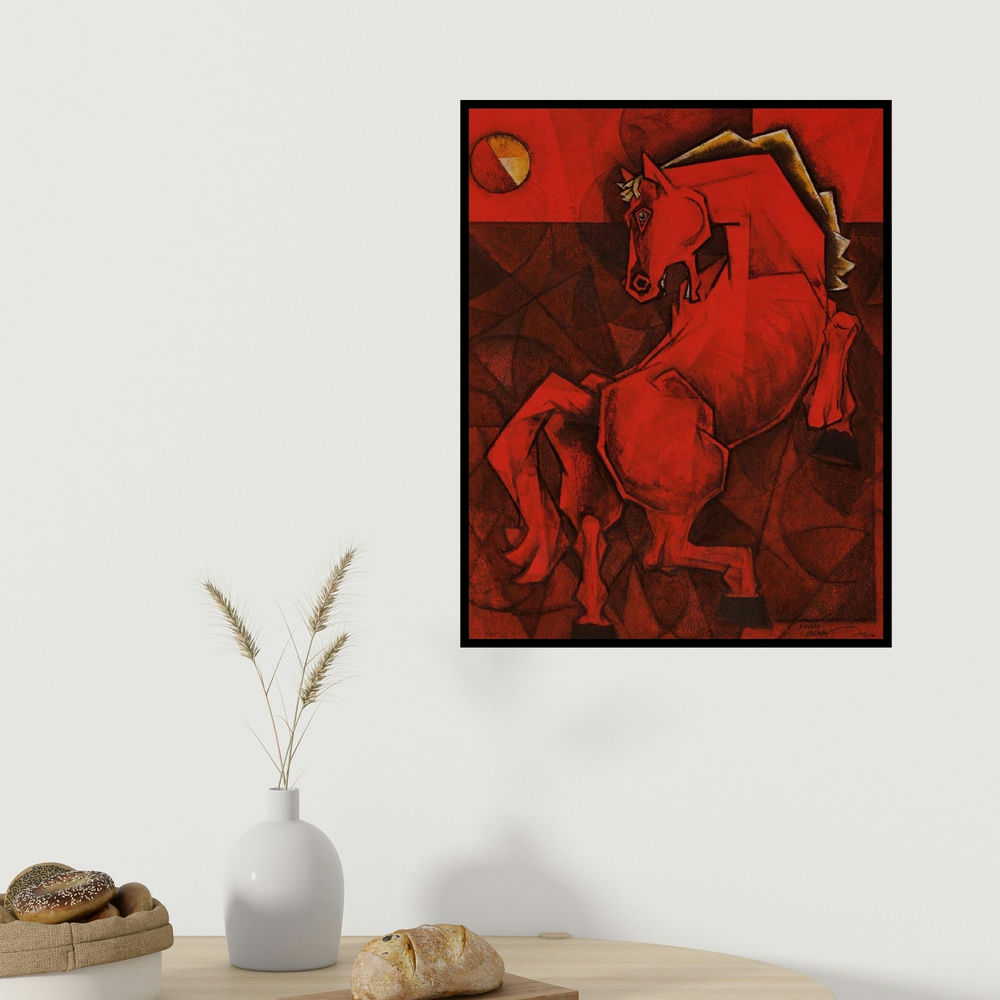 Dinkar Jadhav's 'Rising From The Ashes 2' painting visualized above a sofa in a contemporary room.