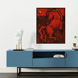 'Rising From The Ashes 2' painting by Dinkar Jadhav shown on a wall in a furnished room.