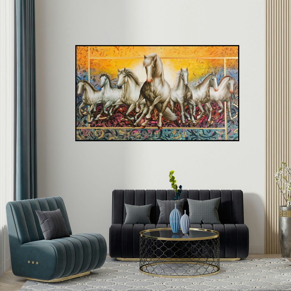 Pradeep Kumar's 'Rising Horses (The Majestic Gallop)' painting visualized above a sofa in a contemporary room.