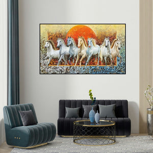 Pradeep Kumar's 'Rising Horses' painting visualized above a sofa in a contemporary room.