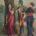 Figurative oleograph painting titled 'Ritudhwaj Meets Madalasa', 21x15 inches, by artist Raja Ravi Varma on Paper