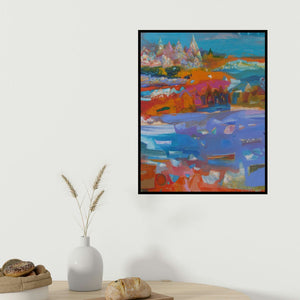 Ranadip Mukherjee's 'The River 1 (Varanasi Dreams)' painting visualized above a sofa in a contemporary room.