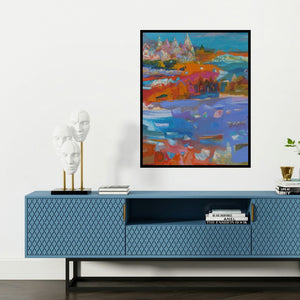 'The River 1 (Varanasi Dreams)' painting by Ranadip Mukherjee shown on a wall in a furnished room.
