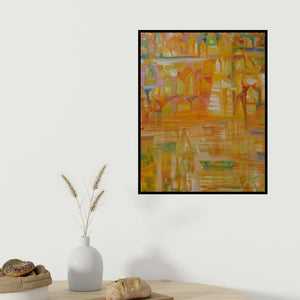 Ranadip Mukherjee's 'The River 2 (River of Gold)' painting visualized above a sofa in a contemporary room.