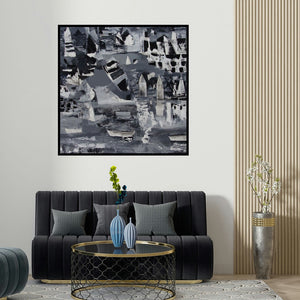 Ranadip Mukherjee's 'The River 3 (Harbor Lights)' painting visualized above a sofa in a contemporary room.