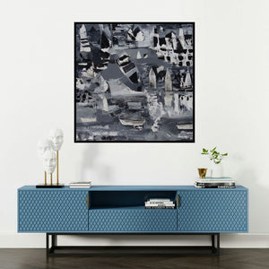 'The River 3 (Harbor Lights)' painting by Ranadip Mukherjee shown on a wall in a furnished room.