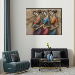 Ramesh Pachpande's 'River Bank (The Vessels of Life)' painting visualized above a sofa in a contemporary room.
