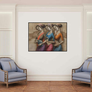 'River Bank (The Vessels of Life)' painting by Ramesh Pachpande shown on a wall in a furnished room.