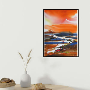 Sunil Kale's 'Riverscape 1 (Rivers Embrace)' painting visualized above a sofa in a contemporary room.