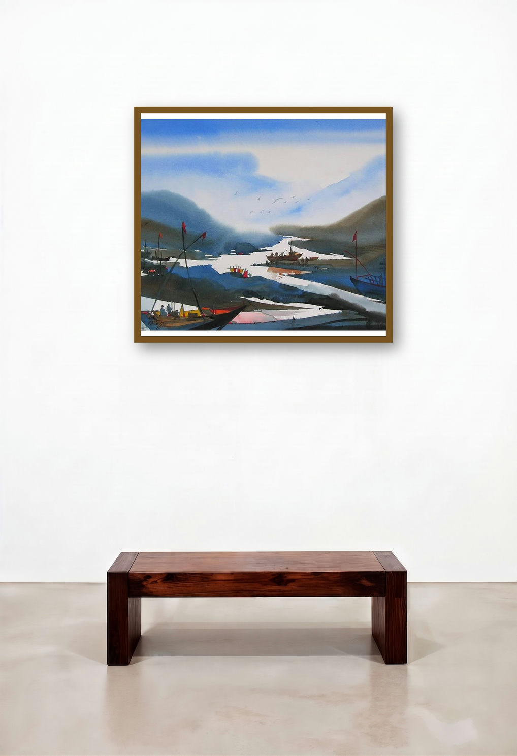 Riverscape 22 (Rivers Song) by artist Sunil Kale displayed in a Japandi Hotel Lobby