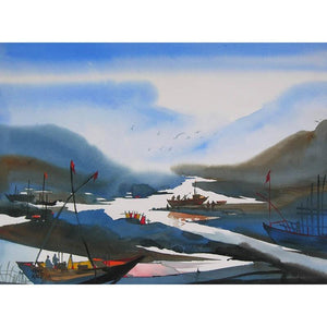 Riverscape 22 (Rivers Song) by Sunil Kale, Original Watercolor Seascape Painting on Paper, Medium Horizontal Wall Art