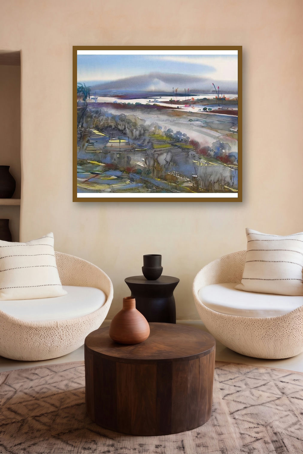 Riverscape 39 (Distant Shores) by artist Sunil Kale displayed in a Contemporary Exhibition gallery