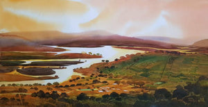 Nature watercolor painting titled 'Riverscape 5', 22x44 inches, by artist Sunil Kale on Arches Paper