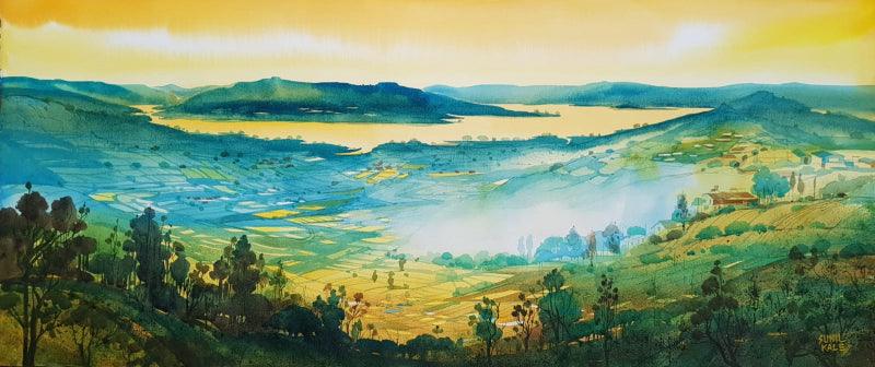 Nature watercolor painting titled 'Riverscape 6', 19x44 inches, by artist Sunil Kale on Arches Paper