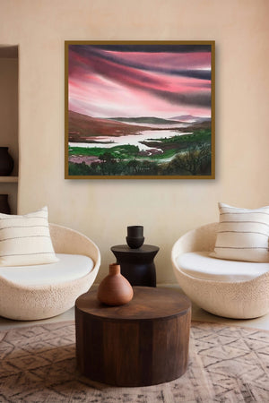Riverscape 7 (Crimson Skies) by artist Sunil Kale displayed in a Indian Art gallery