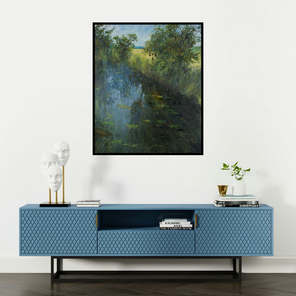 Bhargavkumar Kulkarni's 'Riverside (Whispering Willows)' painting visualized above a sofa in a contemporary room.