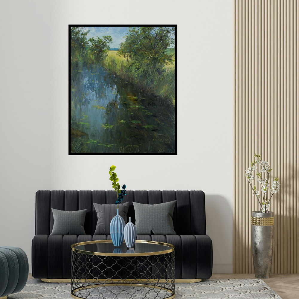 'Riverside (Whispering Willows)' painting by Bhargavkumar Kulkarni shown on a wall in a furnished room.