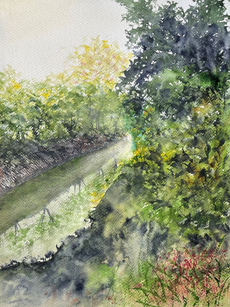 'Rivulet Behind Hillock' nature watercolor painting by artist Umesh Pandey, 13x10 inch, on paper