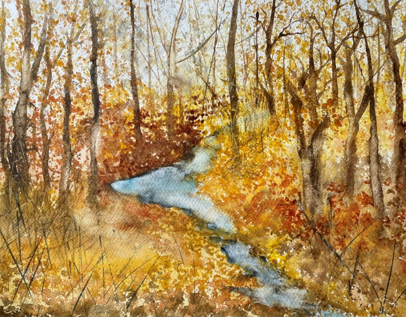 'Rivulet Through The Forest' nature watercolor painting by artist Umesh Pandey, 10x13 inch, on paper
