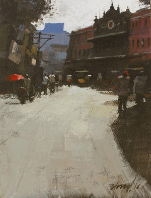 Road Stories 23 (Bustling City Street) by Anwar Husain, Original Acrylic Cityscape Painting on Canvas, X-Small Vertical Wall Art