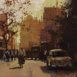 Road Stories 26 (Serene Cityscape Morning) by Anwar Husain, Original Acrylic Cityscape Painting on Canvas, X-Small Vertical Wall Art