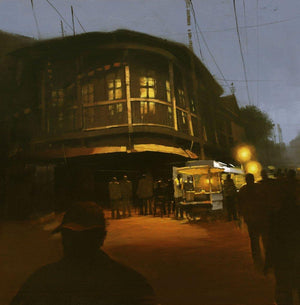 Road Stories 48 (Road Stories by Anwar Husain) by Anwar Husain, Original Acrylic Cityscape Painting on Canvas, Medium Square Wall Art