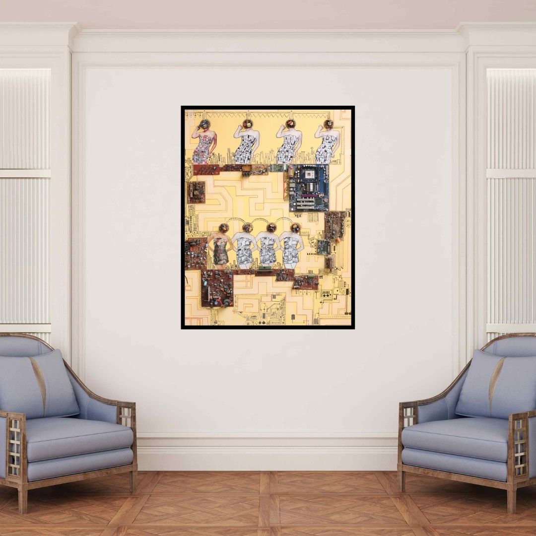 In-situ view of Rajnarayan Santra's 'Robotic World (Circuit Couture)' painting in a room