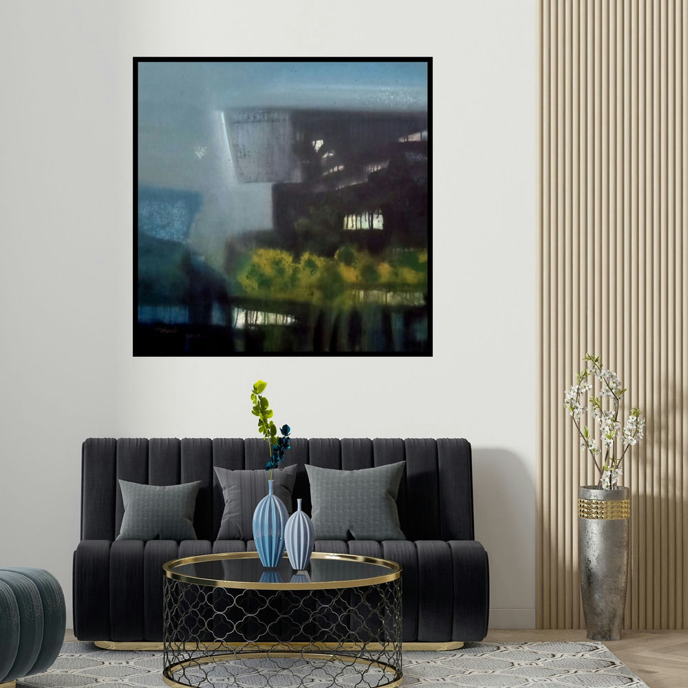 Dnyaneshwar Dhavale's 'Rock (Abstract Landscape)' painting visualized above a sofa in a contemporary room.