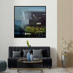 Dnyaneshwar Dhavale's 'Rock (Abstract Landscape)' painting visualized above a sofa in a contemporary room.