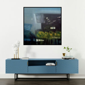 'Rock (Abstract Landscape)' painting by Dnyaneshwar Dhavale shown on a wall in a furnished room.