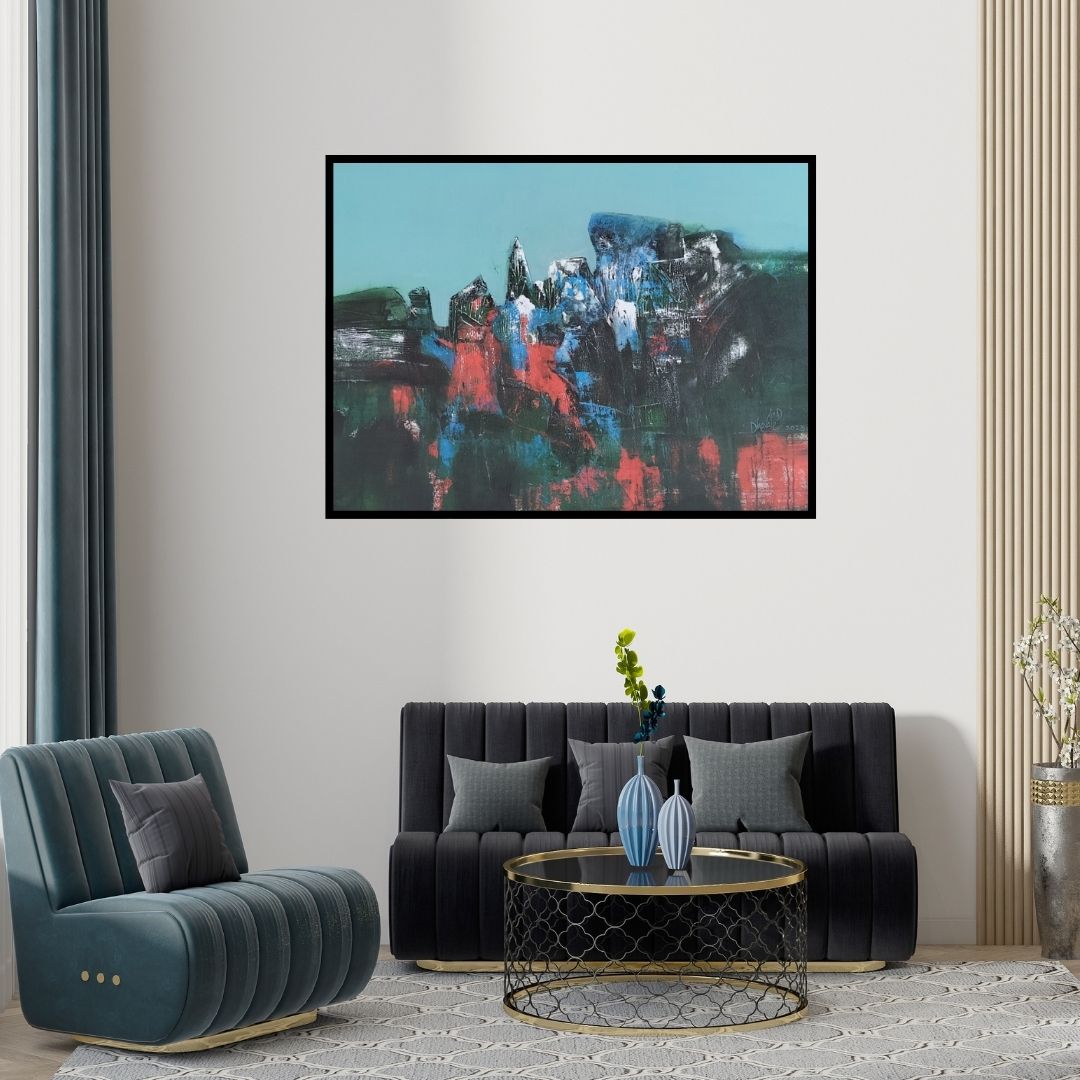 Preview of 'Rocks In The Mountains (Urban Dreamscape)' Painting by Dnyaneshwar Dhavale shown on a wall in a furnished room.