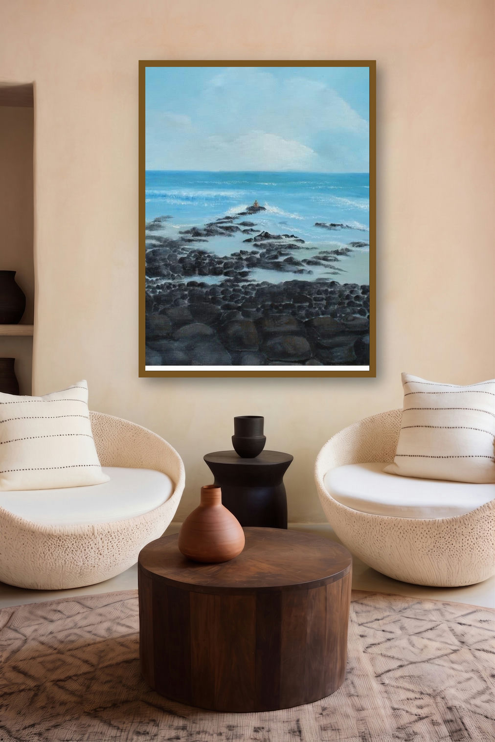 Rocky Beach (Shoreline Serenity: A Coastal Landscape) by artist Persis Chhapkhanawalla displayed in a Modern gallery