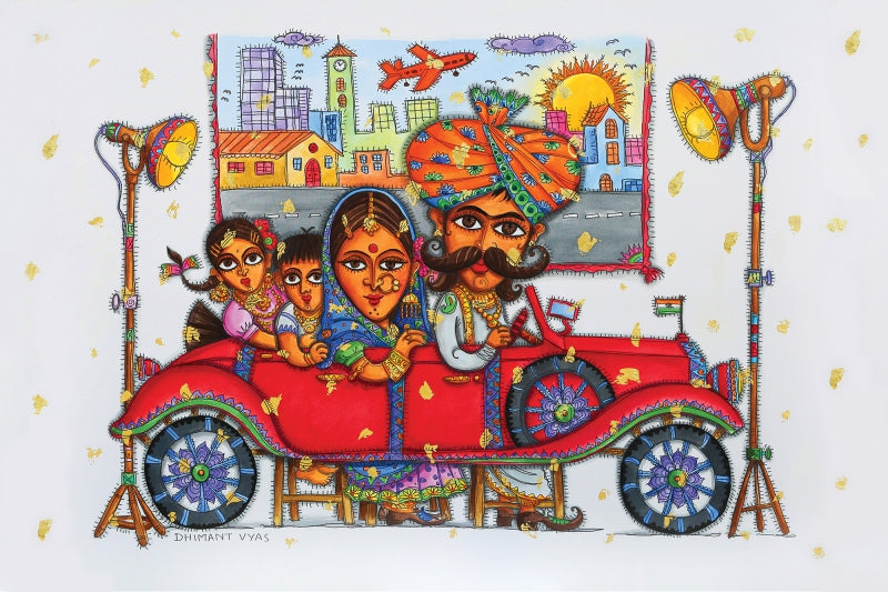 Rolls Royce On Kodak 2' figurative mixed-media painting by artist Dhimant Vyas, 42x54 inch, on canvas