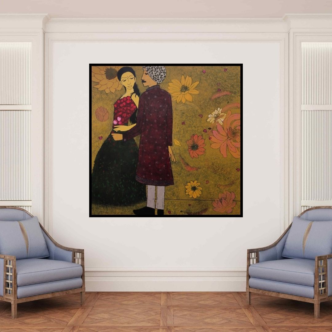 In-situ view of Rahul Mhetre's 'Romance (Hidden Desires)' painting in a room