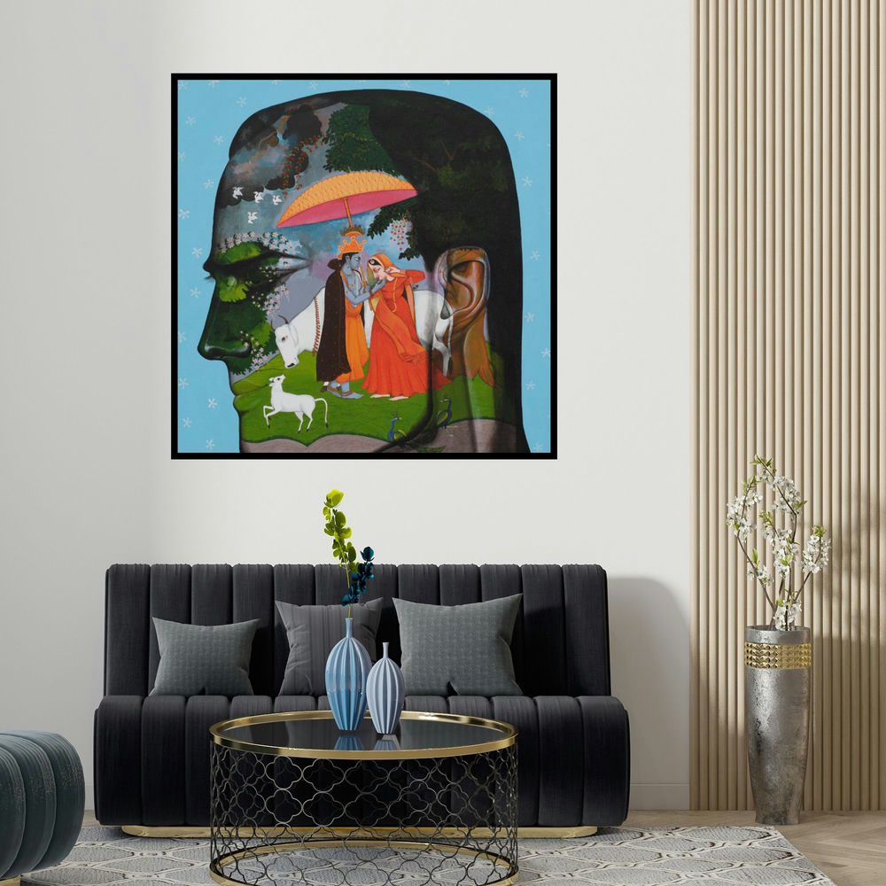 Vijay Shelar's 'Romance In Monsoon 3 (Love's Sanctuary)' painting visualized above a sofa in a contemporary room.