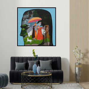 Vijay Shelar's 'Romance In Monsoon 3 (Love's Sanctuary)' painting visualized above a sofa in a contemporary room.