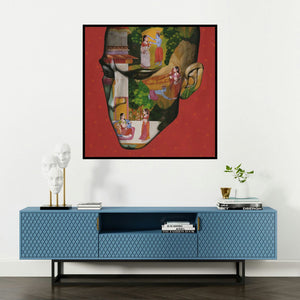 'Romance In Monsoon (Inner World)' painting by Vijay Shelar shown on a wall in a furnished room.