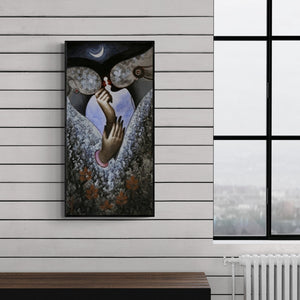 Preview of 'Romancing With The Moon' Painting by Arabinda Samanta shown on a wall in a furnished room.