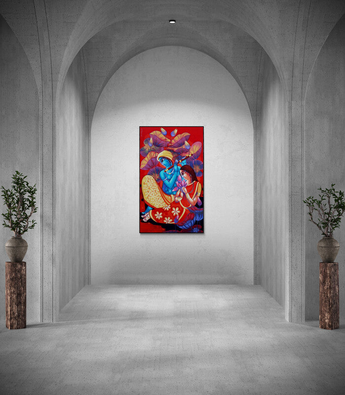 Sekhar Roy's painting 'Romantic Couple 3 (Divine Love Amidst Lotus Blooms)' displayed in a modern living room setting