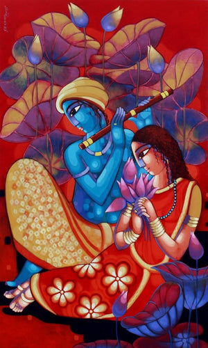 Figurative acrylic painting titled 'Romantic Couple 3', 72x36 inches, by artist Sekhar Roy on Canvas