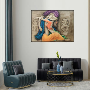 'Romantic (Eternal Embrace)' painting by Ramesh Pachpande shown on a wall in a furnished room.