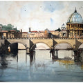 Cityscape watercolor painting titled 'Rome On River Tiver Tiber Italy', 7x11 inches, by artist Arunava Ray on Paper