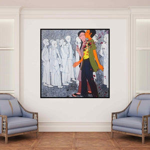 In-situ view of Rahul Mhetre's 'Romeo (Stolen Kiss)' painting in a room