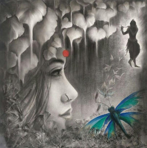Rooprangili (Eternal Longing) by Rakhi Baid, Original Charcoal Religious Painting on Canvas, Small Square Wall Art