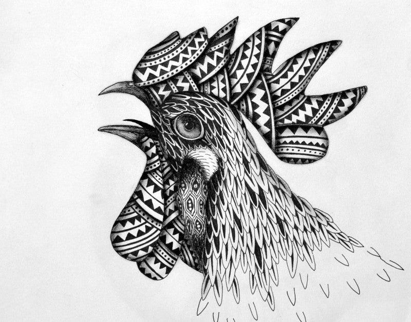 Animals pen drawing titled 'Rooster', 8x11 inches, by artist Kushal Kumar on Paper