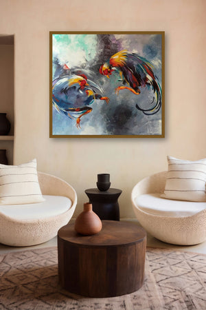 Rooster Brawl (The Duel) by artist Lisha N T displayed in a Contemporary Exhibition gallery