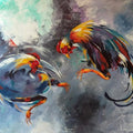 Animals acrylic painting titled 'Rooster Brawl', 27x38 inches, by artist Lisha N T on Canvas